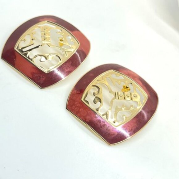 VINTAGE BEREBI ABSTRACT EARRINGS GOLD TONE RED MODERNIST ARTISAN STATEMENT - Picture 9 of 13